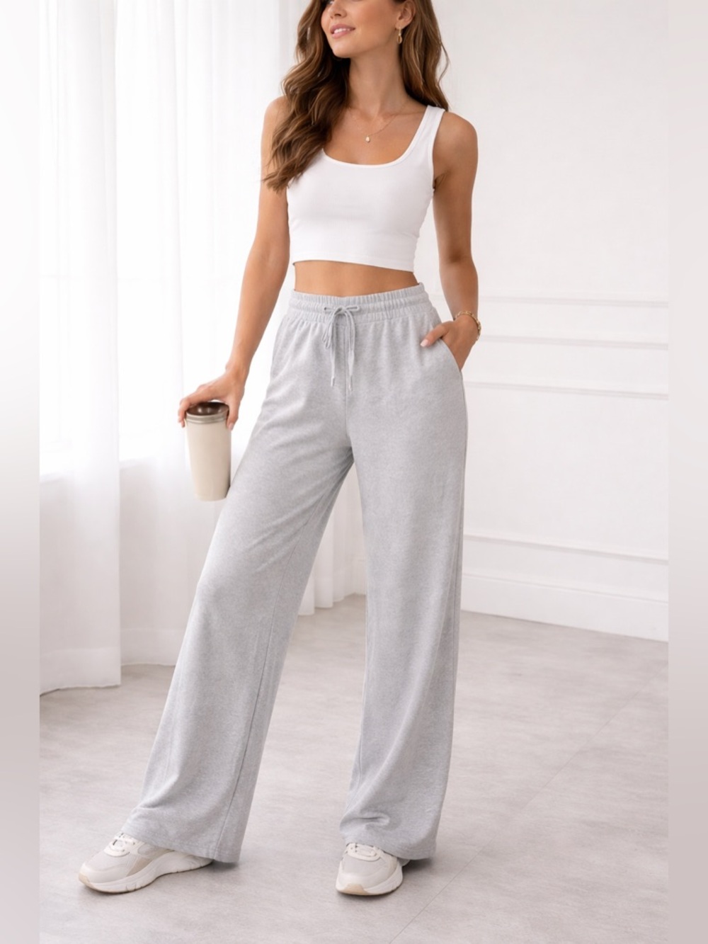 Light gray Silver Wide-Leg Drawstring Soft Casual Everyday Pants size Small